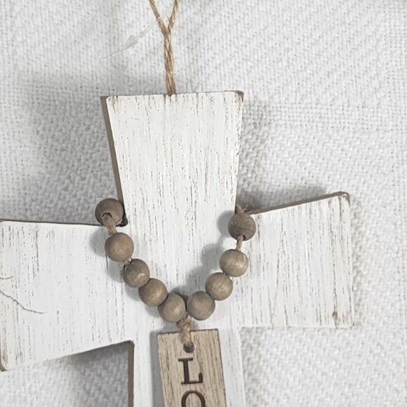 Rustic Whitewash Embossed Particle Board Beaded Faux Wood Love Sign on 8" Cross - Picture 5 of 16
